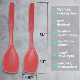 2 Pack Large Silicone Cooking Spoon, Non-Stick Slotted and Solid Spoon set with Deep Bolw and Measurement Mark for Mixing, Serving, Draining, Scooping, Scraping, Heat Resistant Kitchen Utensils, Red