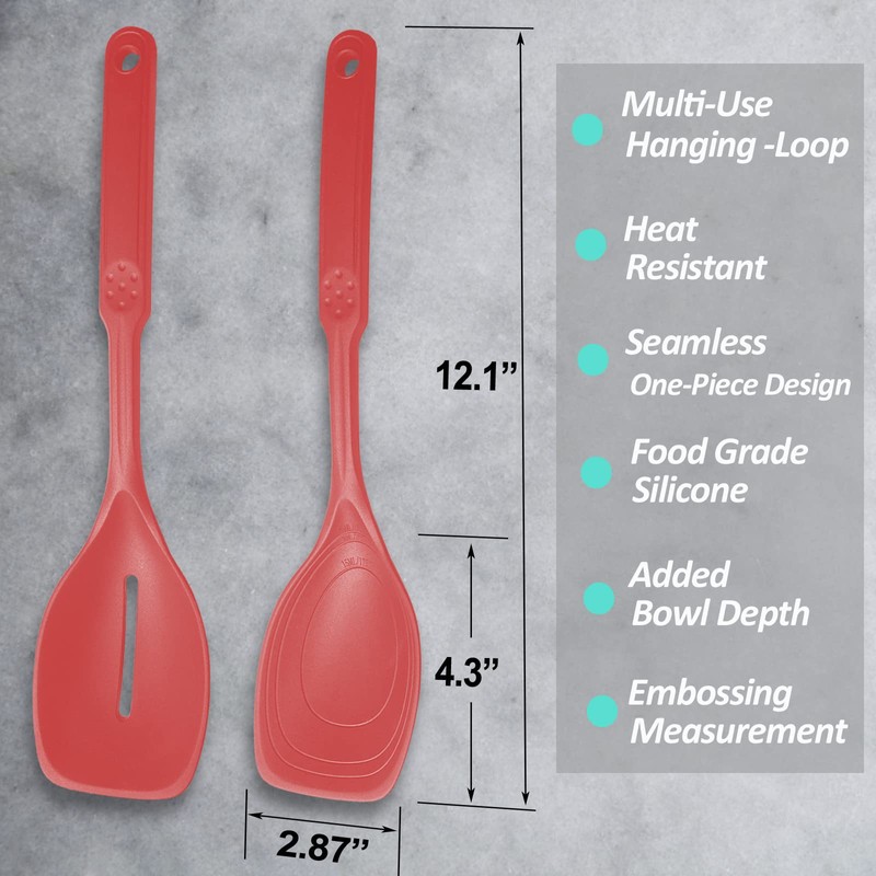 2 Pack Large Silicone Cooking Spoon, Non-Stick Slotted and Solid