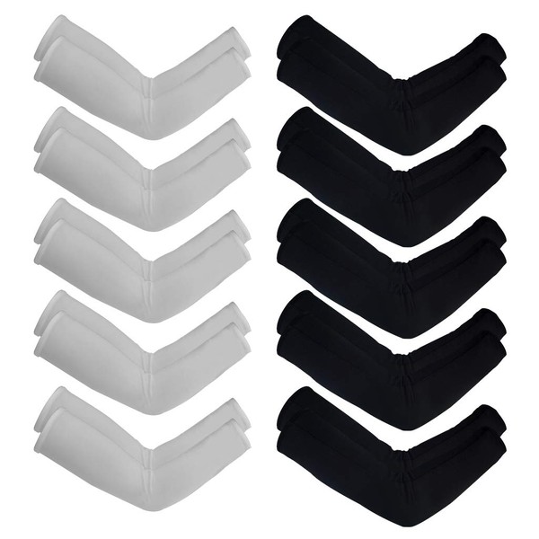 10 Pairs Unisex Arm Sleeves, Arm Sleeves UV Sun Protection Cooling Sleeves for Women Youth Arm Cover Sleeves for Boys Girls Bike Riding Baseball Basketball Running Outdoors Activities, Black and White