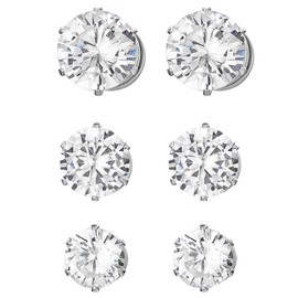 Flongo No-Hole Magnetic Ladies/girls/men Stud Earrings Set, Cubic Zirconia Stud Earrings Black Gold Silver Fake Plug Without Hole Set Of 6 Earrings, Stainless Steel, Silver