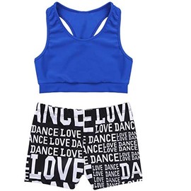 TAIKMD Little Big Girls 2-Piece Gymnastics Dance Outfit Racer Crop Top with Shorts Swimsuit Set (Blue & Black, 5-6)