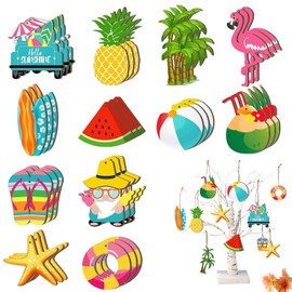 LUMOOM Pack of 36 Summer Wooden Pendants, Tree Decorations, Summer, Wooden Hanging Ornaments with Hawaiian Motifs, Beach Wooden Pendant for Tropical Party and Beach Decoration (A)