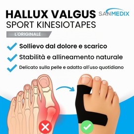 Sanmedix Hallux Valgus Kinesiotape – 20 nastri sportivi e fisioterapici pretagliati per alluce e piede – Nastro kinesiologico pretagliato per alluce valgo, delicato sulla pelle e senza lattice (Nero +