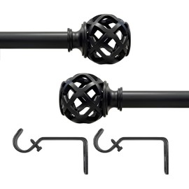 PowerSellerUSA Decorative Telescopic Metal Curtain Rod, 28" to 48" Contemporary Round PVC Finials, Ultra Durable Brackets 3/4" Diameter Window Drapery Rod, Black - Birdcage Finial