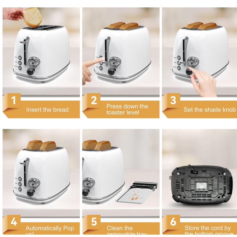 Toaster 2 slice,Retro Stainless Steel Toaster with 6 Settings, 1.5