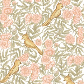 VEELIKE Retro Peach Floral Peel and Stick Wallpaper Vintage Gold Bird Wallpaper for Bedroom Bathroom 17.7''x118'' Boho Floral Wallpaper Prepasted Removable Floral Contact Paper for Cabinets Drawers
