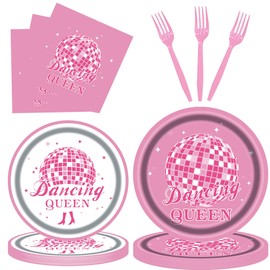 LASLU 96PCS Pink Disco Dancing Queen Party Plates and Napkins 1970s Disco Party Decorations Disco Birthday Party Plates 70s Bachelorette Party Tableware Set Serves 24 Guests