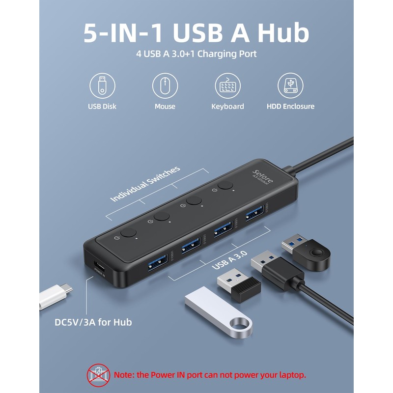 Selore 4-Port USB 3.0 Hub Ultra-Slim Data USB Splitter USB