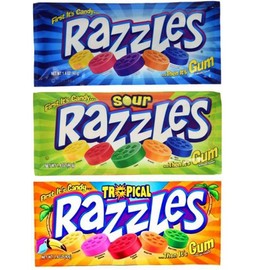 Razzles Candy Gum 3 Flavor 9 Bag Variety Bundle: (3) Original, (3) Tropical, and (3) Sour, 1.4 Oz. Ea.