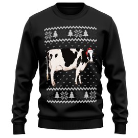 Purple Print House Christmas Cow Sweatshirt Adults Santa Farming Xmas Sweater Gifts Men Women, S, Black