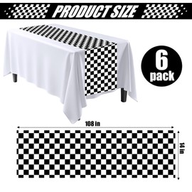 Plastic Checkered Table Runner, 14" x 108" Black & White Checkered Table Cloths, 6 Pcs Racetrack Road Table Runner for Birthday Racing Theme Party