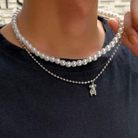 AFSTALR Mens Pearl Necklace White Pearl Choker Necklaces,8 mm Pearls Necklace 18 Inch Length, Birthday Christmas Gift Jewellery for Men Women