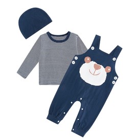 Baby Boy Clothes 0-3 Months Set Autumn Winter Newborn Baby Boy Clothes Outfit Infant Clothes Set 3pcs Stripes T-shirt Top And Bear Pattern Dungarees