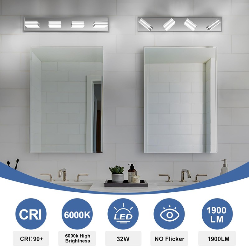 JZEKVN Modern LED Bathroom Lights Fixtures(4-Light),Stainless Steel Chrome Acrylic Wall