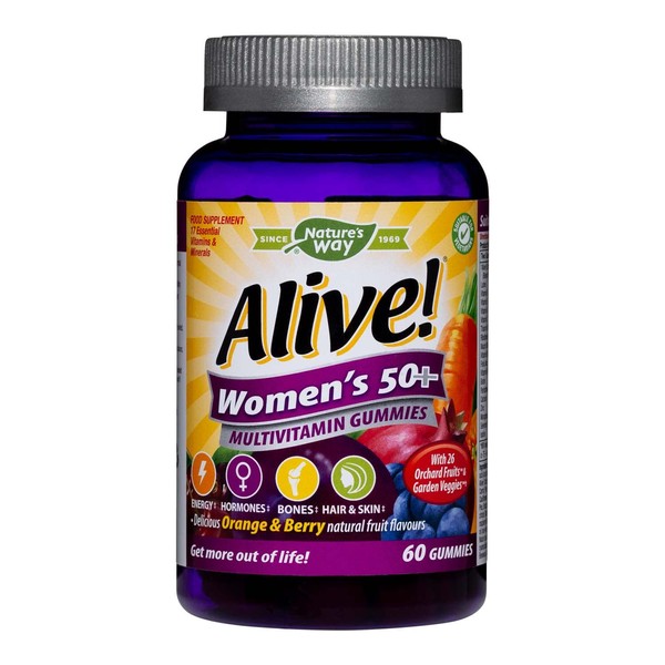 Alive! Women’s 50+ Multivitamin Gummies, Multi-Vitamins & Minerals with a Blend of 26 Fruits & Vegetables, Specially Balanced Formulation for Women, Suitable for Vegetarians - 60 Gummies