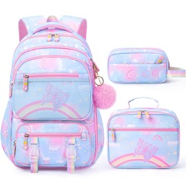 Fimibuke Kids Backpack for School Girls, 3PCS Rainbow & Butterflies Teen Girls Backpack with Lunch Box & Pencil Case, Blue Bookbag School Bag for Kindergarten Elementary Middle School Student Ages 5+