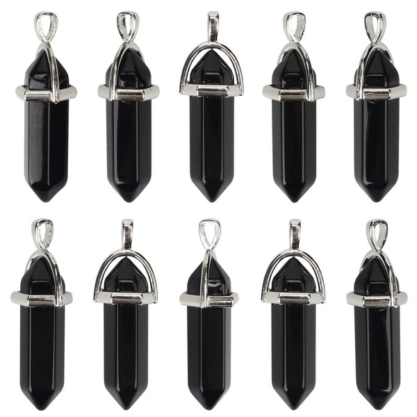 ALEXCRAFT Crystal Pendants for Jewellry Making, 10PCS Obsidian Crystal Necklace Pendant Hexagonal Pointed Bullet Healing Crystal Necklaces Charms for Crafting