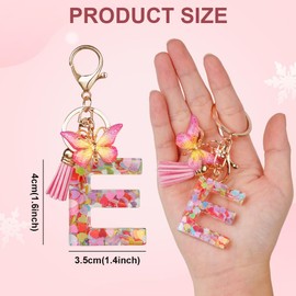 OSDUE Fashion Alphabet Initial Letter Keychain, Women Tassel Butterfly Pink Purple Cute Car Keyrin, Pink and Gold Resin Alphabet Keychain, Tassel Butterfly Pendant Key Ring for Wallet (J)