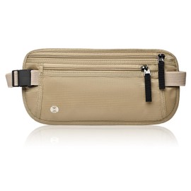 UIHRLM Money Belt, Ultra-Slim Hidden RFID Blocking Travel Money Belt, Anti-Theft Adjustable Waterproof Bumbag Waist Wallet Secure Pouch for Cash Phone Cards Passport for Men Women (Khaki)