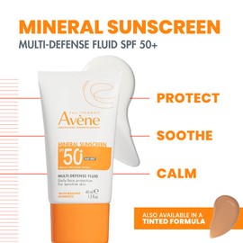 Avène Mineral Sunscreen Multi-Defense Fluid SPF 50+, Clean Formula Sunscreen for Sensitive Skin, Sheer, Water Resistant, Non-Whitening, Antioxidant Protection, 1.3 Fl Oz