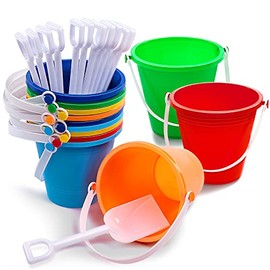 Sloosh 12 juegos de cubos de arena con palas para niños, cubos de playa, juguetes de fiesta, cubo de plástico con asas