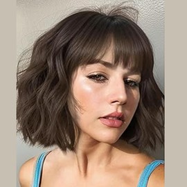 Allbell Ombre Brown Mixed Blonde Wavy Bob Wig With Air Bangs Short Bob Wigs Women's Shoulder Length Color Natural Wigs Curly Wavy Synthetic Cosplay for Girl Colorful Wig