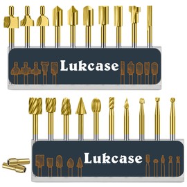 Wood Carving Bits Titanium Coated Engraving Router Bit, 20pcs HSS Rotary Burr Set with 1/8" Shank for Rotary Tools for DIY Carving, Drilling Engraving, Woodworking, Trimming, 2 Collet Included