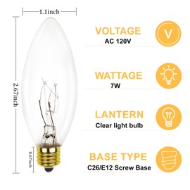 25 Pack Candle Light Bulbs, C26 Clear Torpedo Tip Candelabra Replacement Bulbs, 7 Watt Night Light Bulbs for Chandeliers, Electric Candle Lamp, C7/E12 Base