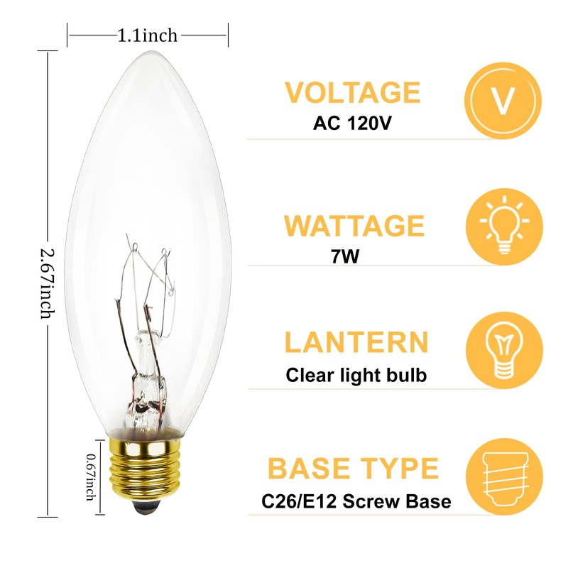 25 Pack Candle Light Bulbs, C26 Clear Torpedo Tip Candelabra