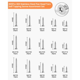 405 Pieces Self-Tapping Screw Assortment Set, M3/M3.5/M4, 12/16/20/25/30/35 mm, Wood Screws Stainless Steel Self Drilling Screws with 3 Pieces Bits, Stainless Steel Countersunk Head Torx Self Drilling