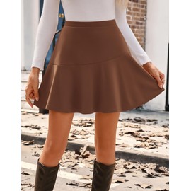 Kate Kasin 2025 Fall Brown Mini Skirt for Women, Pleated Flowy Short Skirts, High Waisted Flared Skater Skirt M