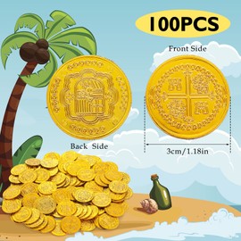 DSLSQD Pack of 100 Gold Coins, Pirate Treasure Gold Coins Toy, Plastic Gold Thaler, Play Coins, Artificial Gold Coins, for Children's Birthday Party Favours, Pirate Adventure, Treasure Hunt Event
