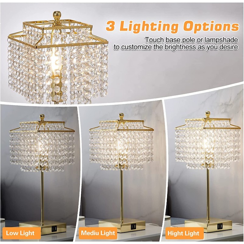 Luvkczc Set of 2 USB Bedside Crystal Table Lamp Gold,