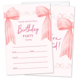 Zwsrplo Pink Bow Birthday Party Invitations for Women Girls, Birthday Invitations Girl Birthday Invitations Cards Teen Kids Adult 20 Invitations & Envelopes -09