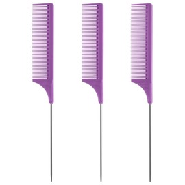 Trati Rat Tail Combs, 3Pcs Carbon Fiber Hair Combs Set, Steel Pin Rat Tail Comb, Heat Resistant Teasing Combs with Stainless Steel Pintail for Hair Salon, Hair Combs for Women, Purple