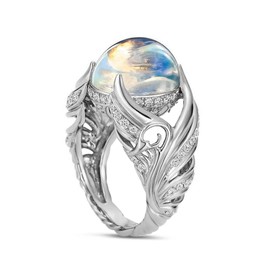 HAIXIAN Feather Leaf Moonstone Ring,S925 Sterling Silver Statement Angel wings Ring,Cocktail Party Ring Jewelry for Women (Ring_A, 9)