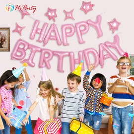 Pink Birthday Banner, 3D Mylar Foil Happy Birthday Balloons, 24pcs Birthday Party Decorations with 6pcs Star Balloons for Kids Girls Women Adults Ecofriendly Birthday Party Supplies