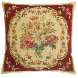 Yapatkwa Belgian Tapestry, Classic French Flower Bouquet, Blue, Decorative Woven Aubusson-Style Tapestry Pillow/Cushion Cover, 18" x 18"