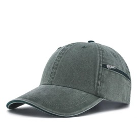Zipper Pocket Washed Cotton Sandwich Adjustable Baseball Cap (Olive/Dark Green)