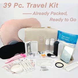 Travel Kit 39 Essentials for Travel Emergency, Large Capacity Toiletry Bag, All Purpose Grooming Set, Airplane Pillow Kit, TSA Approved (Pearl Bisque Beige)