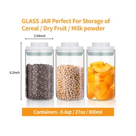 fecoqi POP-UP Lid Airtight Food Galss Storage Jars- 3 Pcs(0.8qt / 27oz)，Stackable One Button Opening Food Containers，Kitchen Pantry Organization Milk Powder Coffee Candy Cookies Nuts