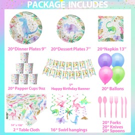 Dinosaur Birthday Party Supplies for Girls - Pink Dinosaur Party Decorations - Balloons Birthday Banner Plates Cups Napkins Tablecloth Tableware (Serves 20)