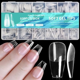 600 Stück Press On Nägel, Coffin Shape Soft Gel Nageltips zum Aufkleben, 12 Größen Natürliche Künstliche Nägel zum Aufkleben, French Nails Set für DIY Nail Art Und Gelnägel Verlängerung