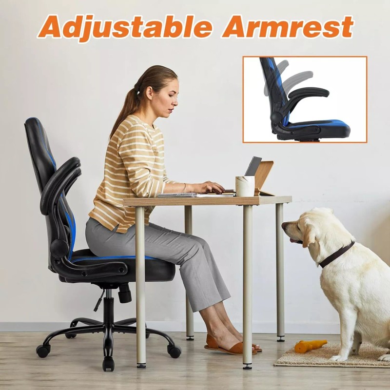 DUMOS Ergonomic PU Leather Gaming Chair with Wheels,Adjusta - Blue