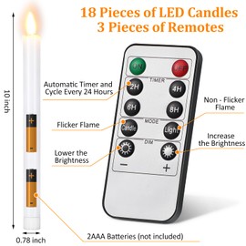 Tuanse 18 Pieces Flameless Taper Candles with Remote Battery Operated Led Candles Flickering Candlesticks Electric Taper Candles for Home Wedding Decor Valentine's Day, 10 x 0.78 Inch(White)