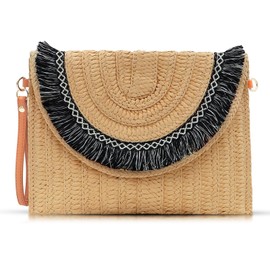 QTKJ Straw Clutch Purses, Crossbody Bags for Women, Black Tassel Edge Clutch Bags, Bohemian Envelope Package Handbags Suitable for Beach, Travel, Daily Matching (Khaki)