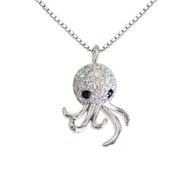 Hiqmic 925 Sterling Silver Cute Octopus Rhinestones Pendant Necklace White Gold Plated Jewelry 16", WA99086-Silver