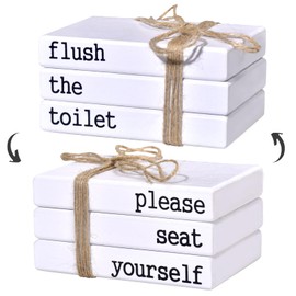 Restroom Bathroom Decor for Shelves, Funny Wooden Farmhouse Mini Book Stack for Bathroom Toilet Shelf Sign Decor Two-Sided Tabletop Decorative Set of 3 (white)