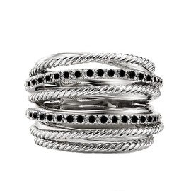 Ganquya Retro Black Cubic Zirconia Geometric Lines Crossover Design Wide Face Rings, Cluster Cocktail Statement Band Ring for Women (US size 6)