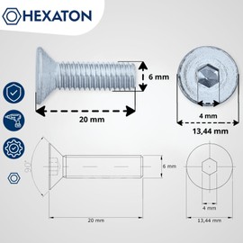 HEXATON Countersunk Hex Socket Screws - M6 x 20mm - Pack of 100 - Full Thread - Zinc Plated Steel - Cylindrical Machine Screws